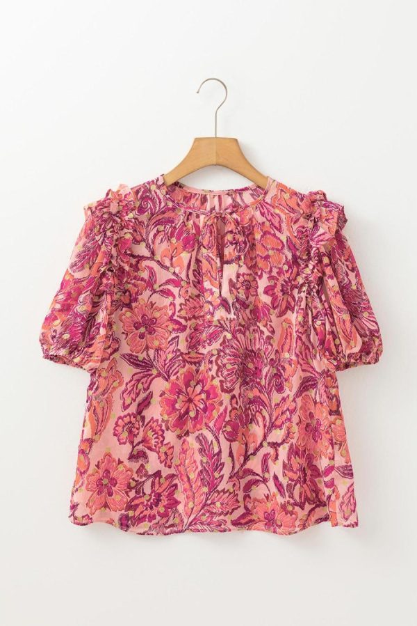 Women Blouses | Red Floral Print Ruffle Puff Short Sleeve Blouse - Image 3