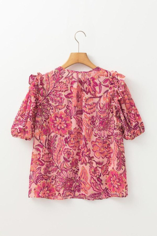 Women Blouses | Red Floral Print Ruffle Puff Short Sleeve Blouse - Image 4