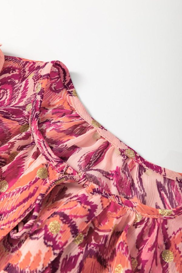 Women Blouses | Red Floral Print Ruffle Puff Short Sleeve Blouse - Image 5