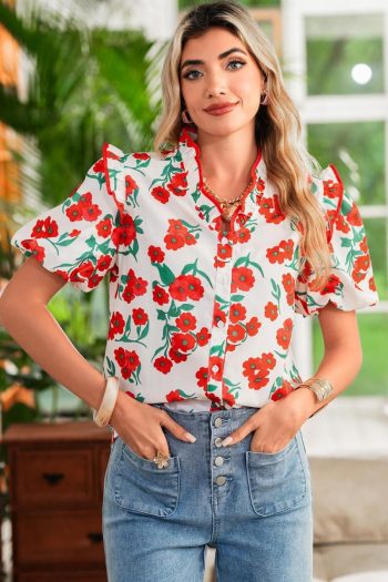 Women Blouses | Red Floral Print Ruffle Puff Sleeve Summer Shirt