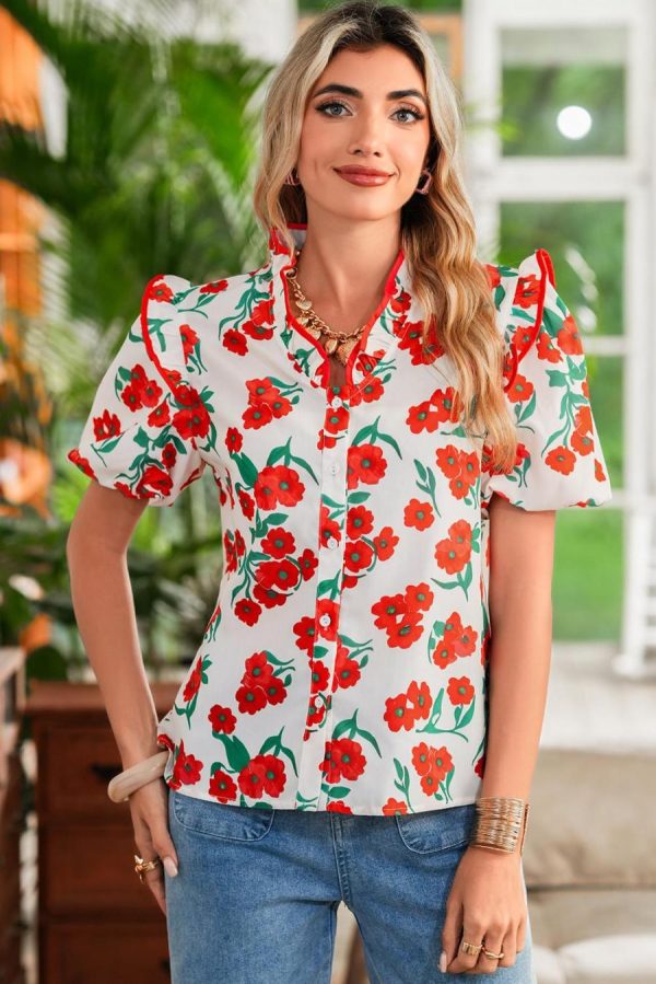 Women Blouses | Red Floral Print Ruffle Puff Sleeve Summer Shirt - Image 2