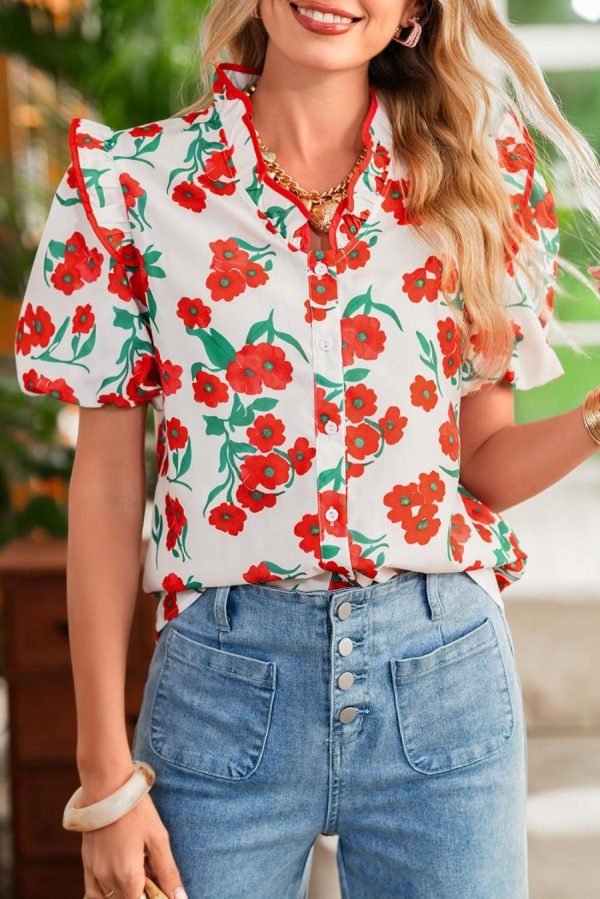 Women Blouses | Red Floral Print Ruffle Puff Sleeve Summer Shirt - Image 3