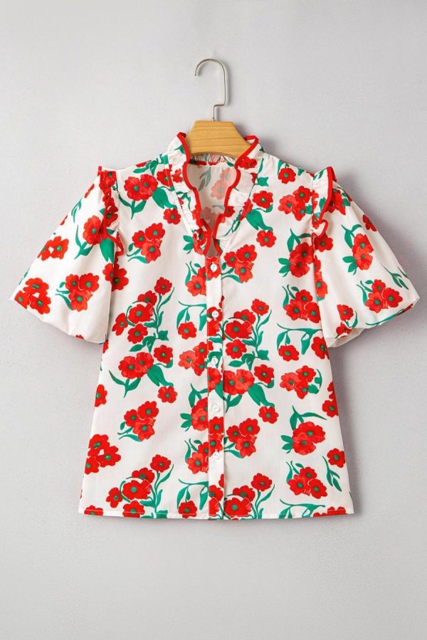 Women Blouses | Red Floral Print Ruffle Puff Sleeve Summer Shirt - Image 4