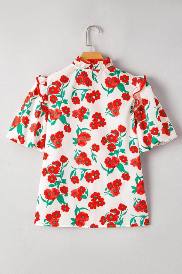 Women Blouses | Red Floral Print Ruffle Puff Sleeve Summer Shirt - Image 5