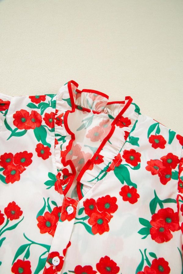 Women Blouses | Red Floral Print Ruffle Puff Sleeve Summer Shirt - Image 6