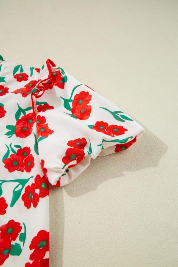 Women Blouses | Red Floral Print Ruffle Puff Sleeve Summer Shirt - Image 7