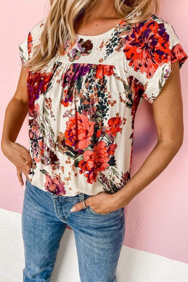 Women Blouses | Red Floral Print Short Sleeve Blouse For Women - Image 2