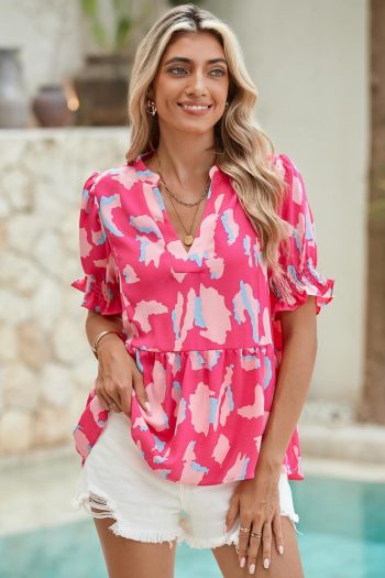 Women Blouses | Rose Abstract Print Smocked Puff Sleeve V Neck Peplum Blouse