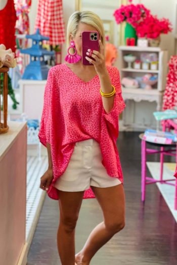 Women Blouses | Rosy Leopard Print Oversized Casual Half Sleeve V Neck Top
