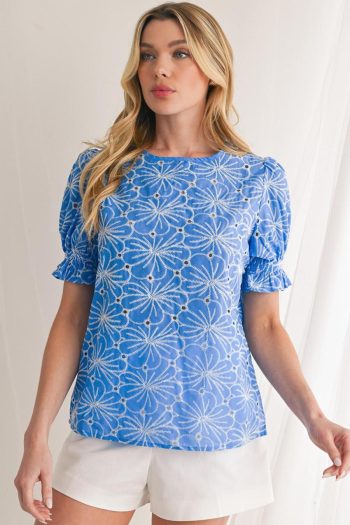 Women Blouses | Sky Blue Boho Floral Eyelet Puff Sleeve Blouse