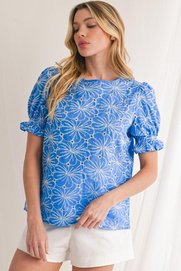 Women Blouses | Sky Blue Boho Floral Eyelet Puff Sleeve Blouse - Image 2
