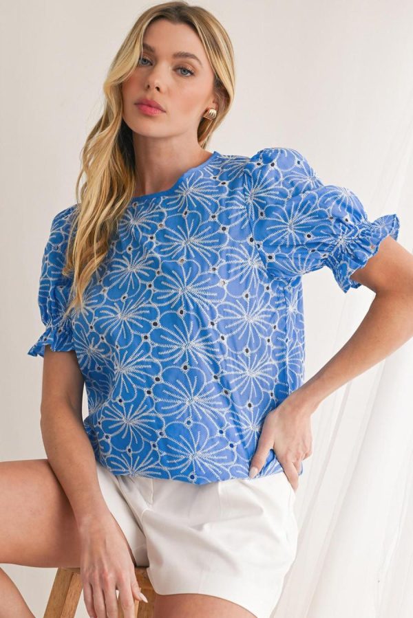 Women Blouses | Sky Blue Boho Floral Eyelet Puff Sleeve Blouse - Image 3