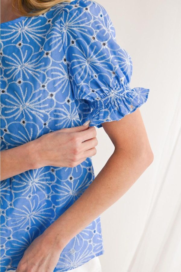 Women Blouses | Sky Blue Boho Floral Eyelet Puff Sleeve Blouse - Image 5