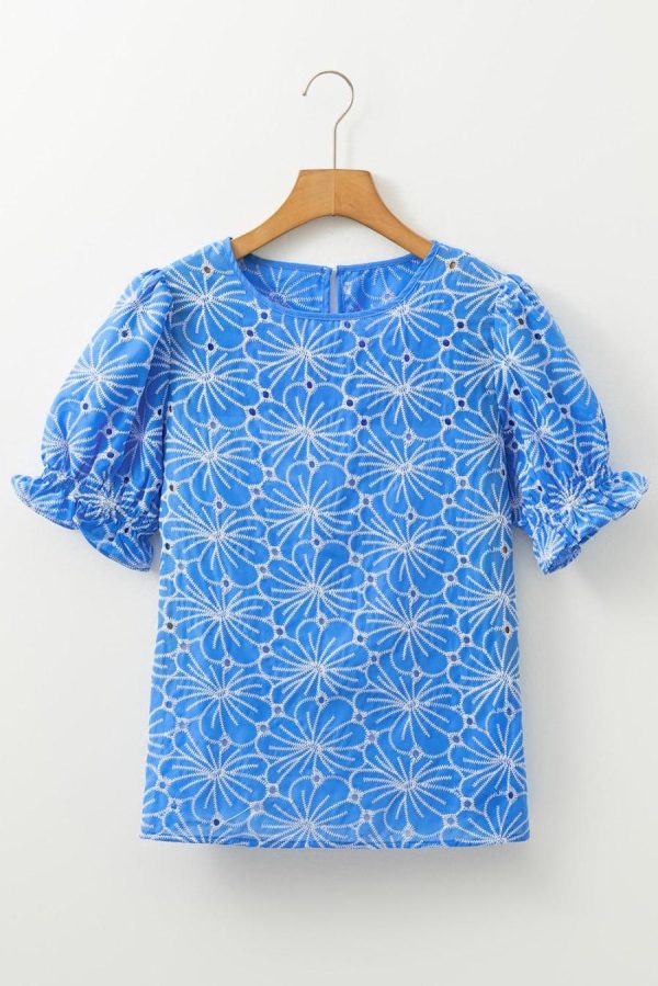 Women Blouses | Sky Blue Boho Floral Eyelet Puff Sleeve Blouse - Image 6