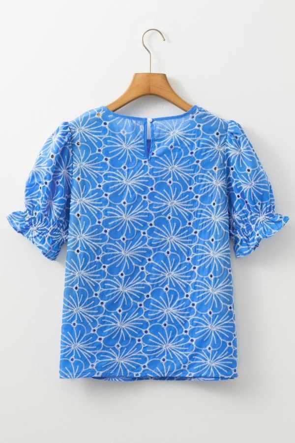 Women Blouses | Sky Blue Boho Floral Eyelet Puff Sleeve Blouse - Image 7