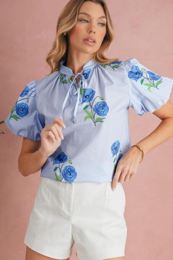 Women Blouses | Sky Blue Floral Print Tie V-Neck Short Sleeve Blouse