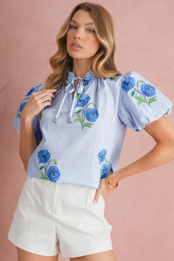 Women Blouses | Sky Blue Floral Print Tie V-Neck Short Sleeve Blouse - Image 3