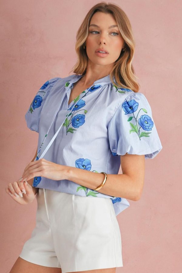 Women Blouses | Sky Blue Floral Print Tie V-Neck Short Sleeve Blouse - Image 4