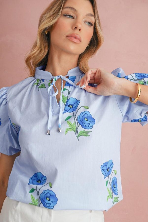Women Blouses | Sky Blue Floral Print Tie V-Neck Short Sleeve Blouse - Image 5