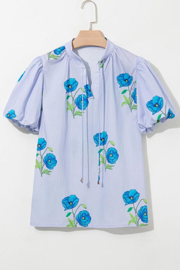 Women Blouses | Sky Blue Floral Print Tie V-Neck Short Sleeve Blouse - Image 6