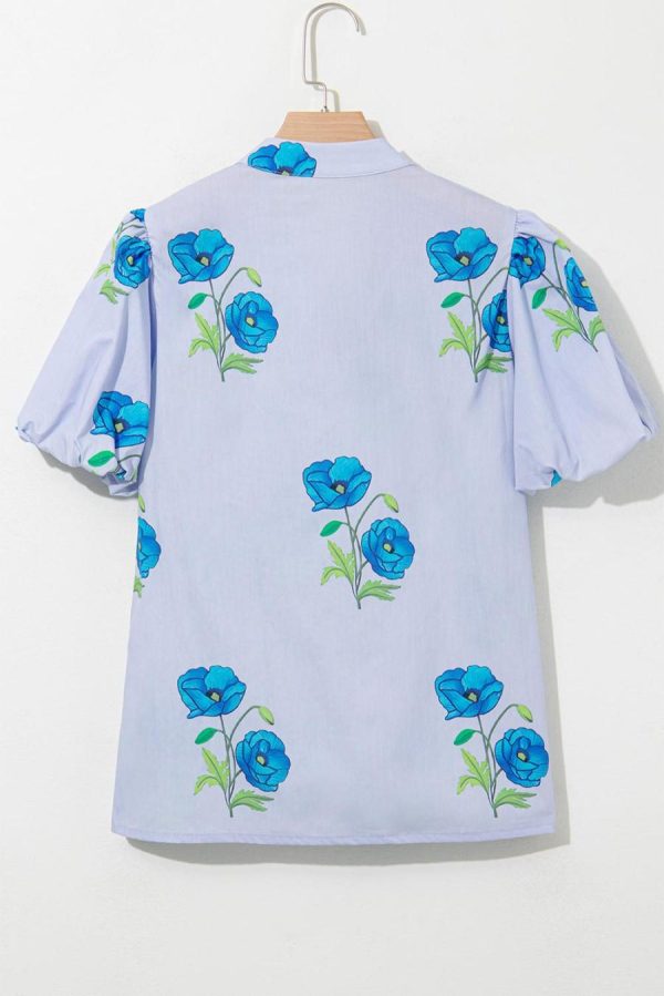 Women Blouses | Sky Blue Floral Print Tie V-Neck Short Sleeve Blouse - Image 7