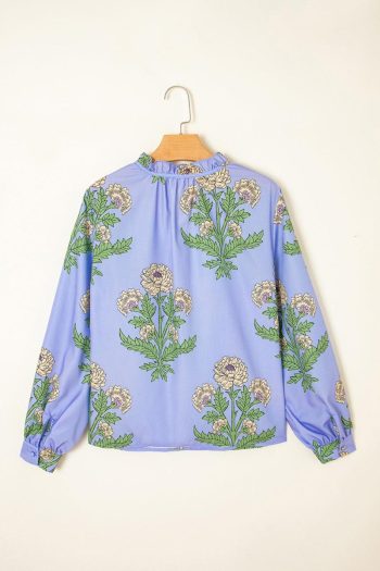 Women Blouses | Sky Blue Floral Print V Neck Bubble Sleeve Blouse