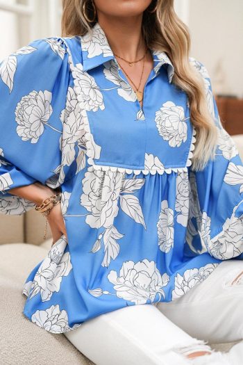 Women Blouses | Sky Blue Floral Print V-Neck Scallop Detail Long Sleeve Blouse