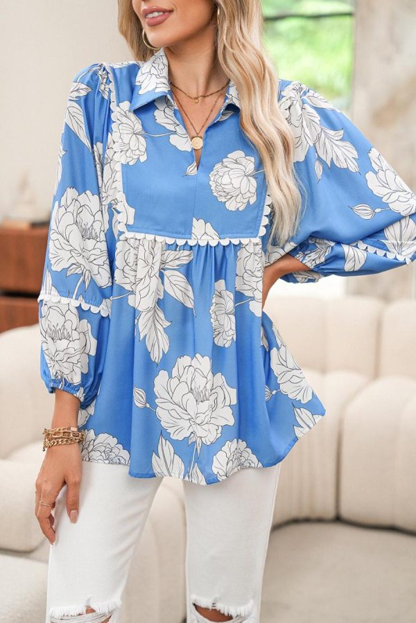 Women Blouses | Sky Blue Floral Print V-Neck Scallop Detail Long Sleeve Blouse - Image 2