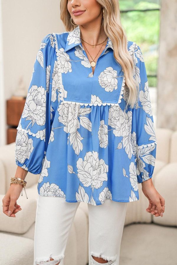 Women Blouses | Sky Blue Floral Print V-Neck Scallop Detail Long Sleeve Blouse - Image 3