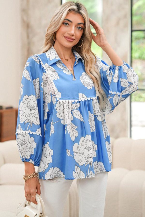Women Blouses | Sky Blue Floral Print V-Neck Scallop Detail Long Sleeve Blouse - Image 4
