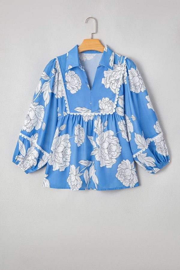 Women Blouses | Sky Blue Floral Print V-Neck Scallop Detail Long Sleeve Blouse - Image 6