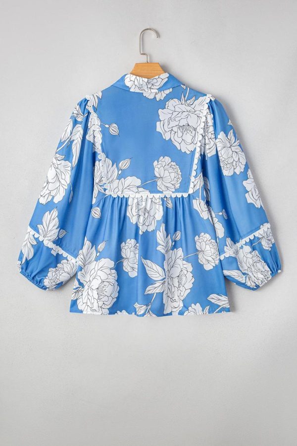 Women Blouses | Sky Blue Floral Print V-Neck Scallop Detail Long Sleeve Blouse - Image 7