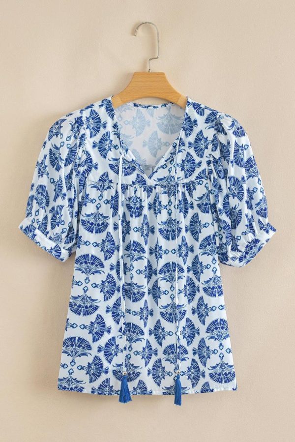 Women Blouses | Sky Blue Geometric Print Tassel Drawstring V Neck Blouse - Image 4
