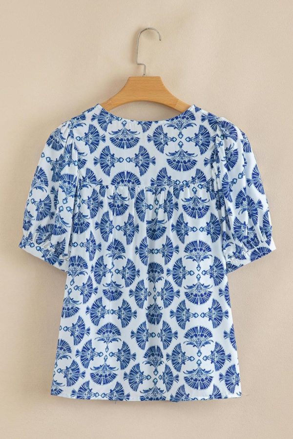 Women Blouses | Sky Blue Geometric Print Tassel Drawstring V Neck Blouse - Image 5