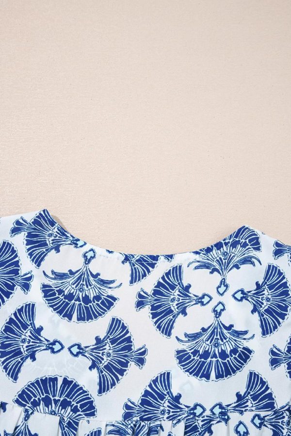 Women Blouses | Sky Blue Geometric Print Tassel Drawstring V Neck Blouse - Image 7
