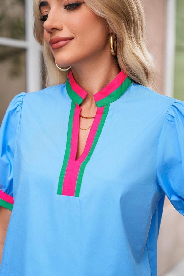 Women Blouses | Sky Blue Puff Sleeve Pop Of Color Neckline Blouse - Image 5