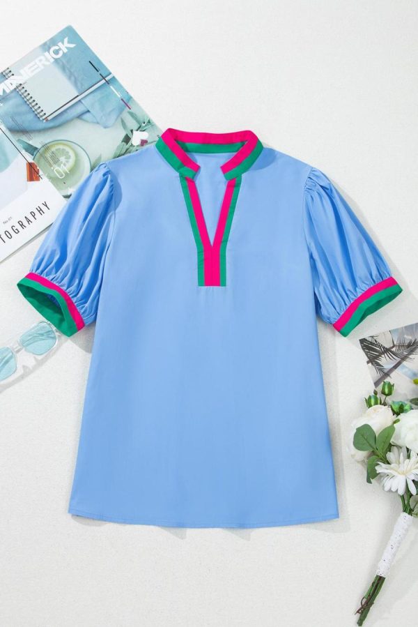 Women Blouses | Sky Blue Puff Sleeve Pop Of Color Neckline Blouse - Image 6