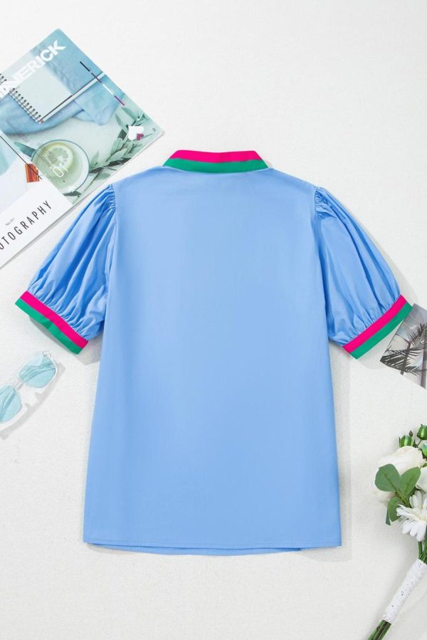 Women Blouses | Sky Blue Puff Sleeve Pop Of Color Neckline Blouse - Image 7