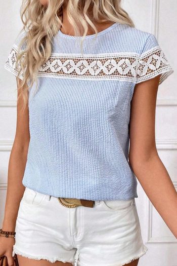 Women Blouses | Sky Blue Stripe Lace Patchwork Round Neck Blouse