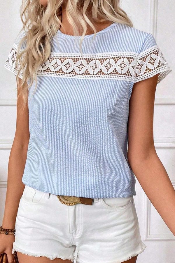 Women Blouses | Sky Blue Stripe Lace Patchwork Round Neck Blouse
