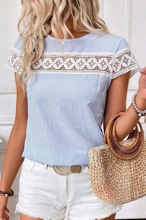 Women Blouses | Sky Blue Stripe Lace Patchwork Round Neck Blouse - Image 2