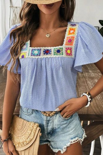 Women Blouses | Sky Blue Striped Crochet Applique Boho Blouse