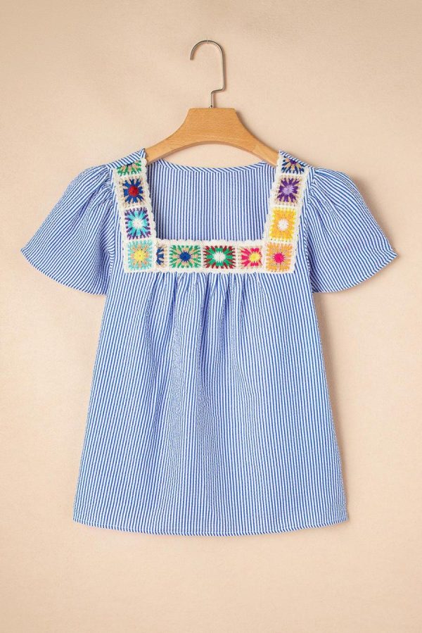 Women Blouses | Sky Blue Striped Crochet Applique Boho Blouse - Image 2