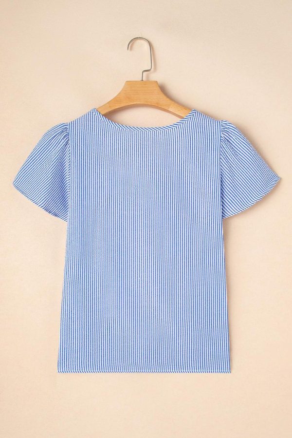 Women Blouses | Sky Blue Striped Crochet Applique Boho Blouse - Image 3