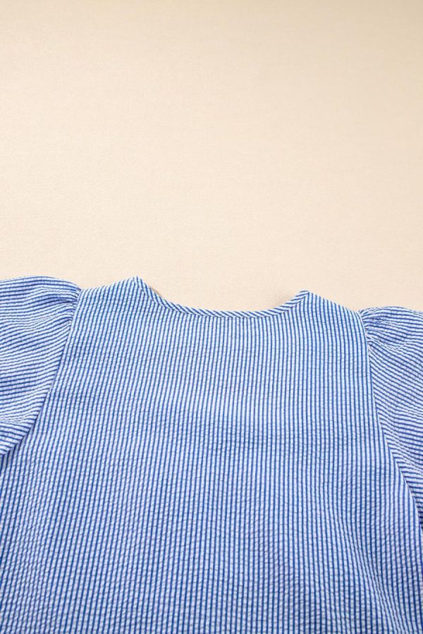 Women Blouses | Sky Blue Striped Crochet Applique Boho Blouse - Image 5