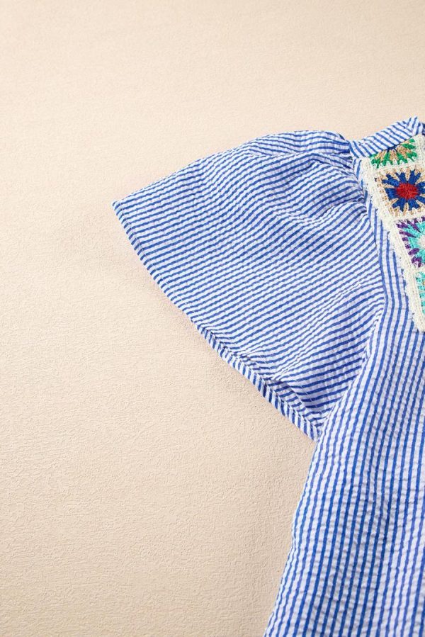 Women Blouses | Sky Blue Striped Crochet Applique Boho Blouse - Image 6