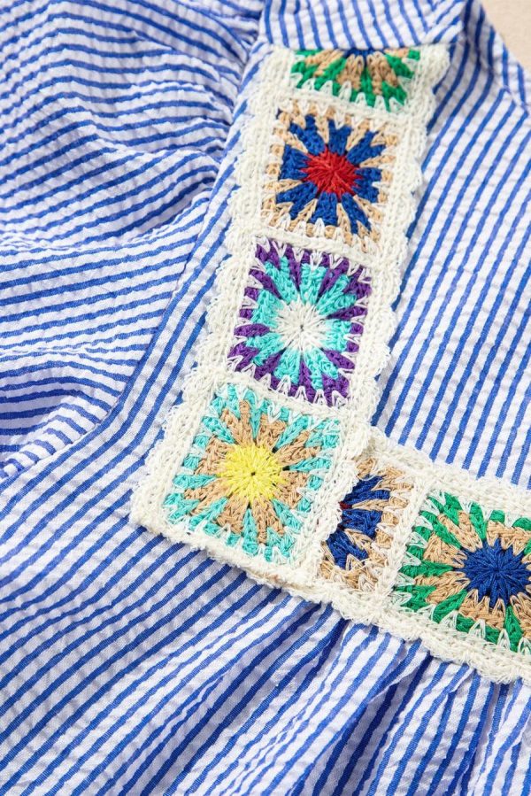 Women Blouses | Sky Blue Striped Crochet Applique Boho Blouse - Image 7