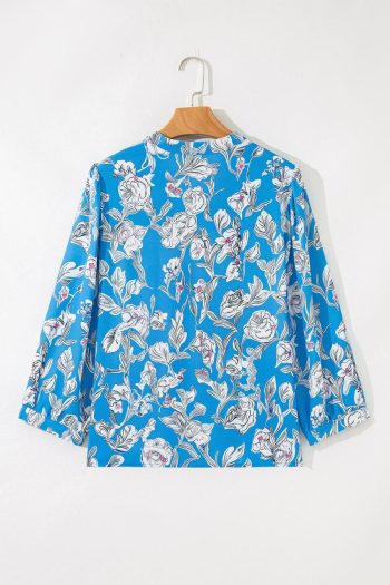 Women Blouses | Sky Blue Vintage Floral Print V-Neck Bubble Sleeve Blouse