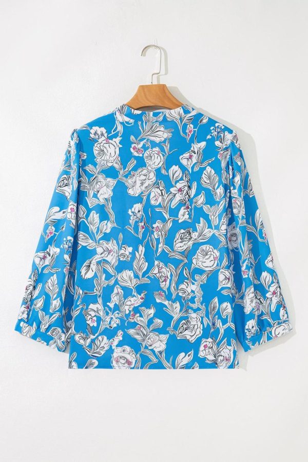 Women Blouses | Sky Blue Vintage Floral Print V-Neck Bubble Sleeve Blouse