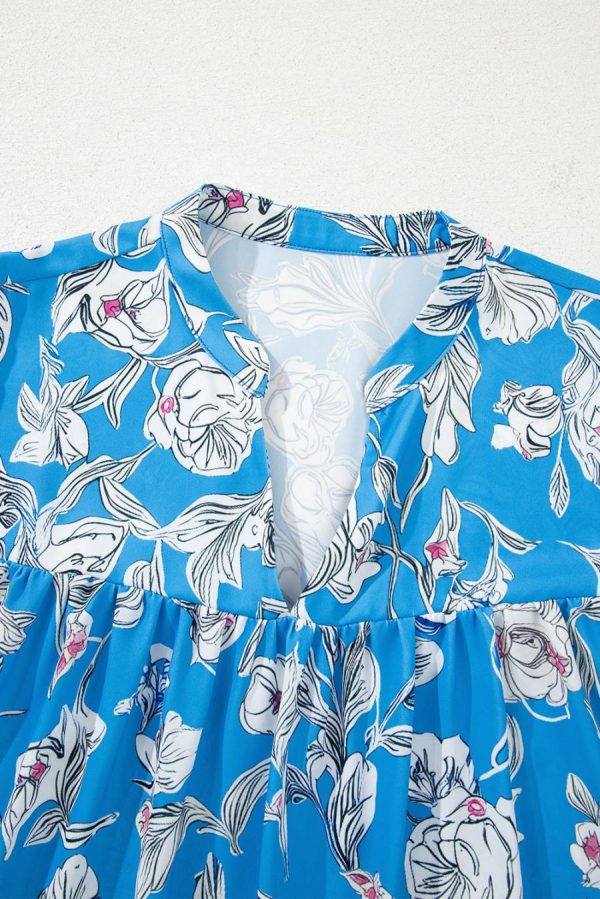 Women Blouses | Sky Blue Vintage Floral Print V-Neck Bubble Sleeve Blouse - Image 2